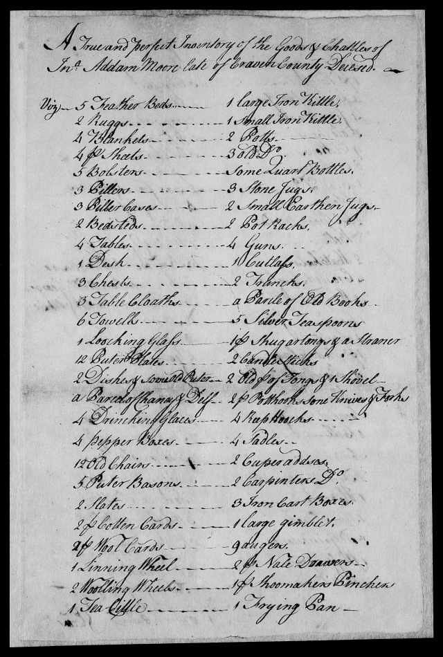 Moore, Adam 1766 NC Estate Files 1663-1979 Craven County pg1